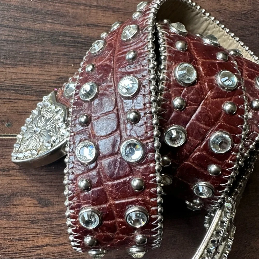 b.b. Simon Chocolate Croc Crystal Brown Leather Belt